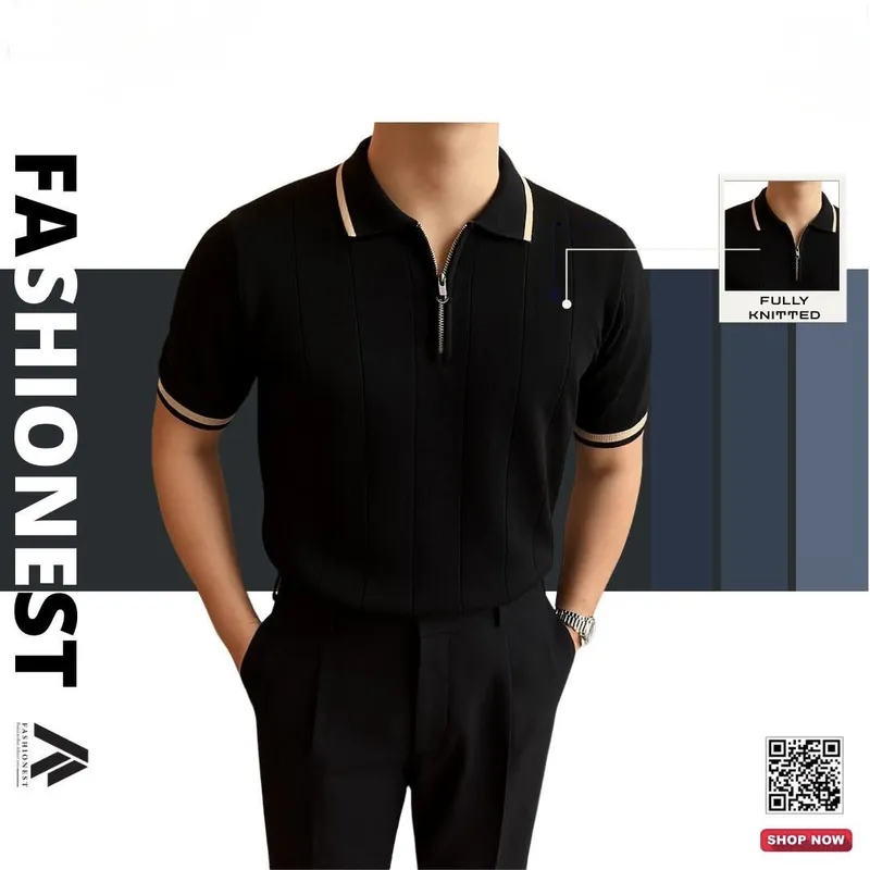 Black Ribbed Zip-Polo