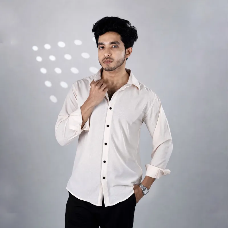 Light Peach Textured Shirt for Men – Premium Viscose Polyester Blend