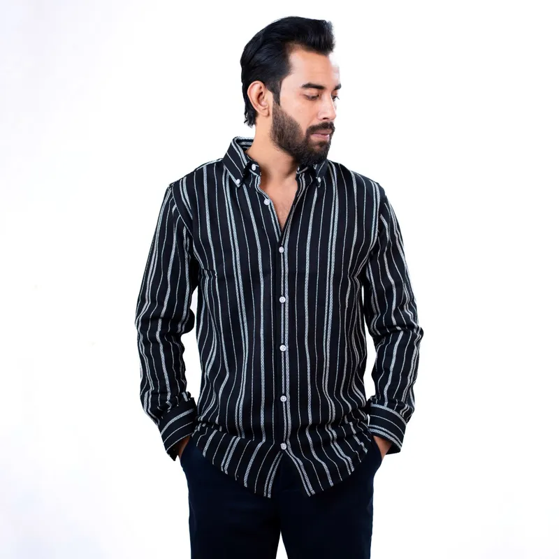 Men’s Black Textured Vertical Stripe Shirt – Full Sleeve