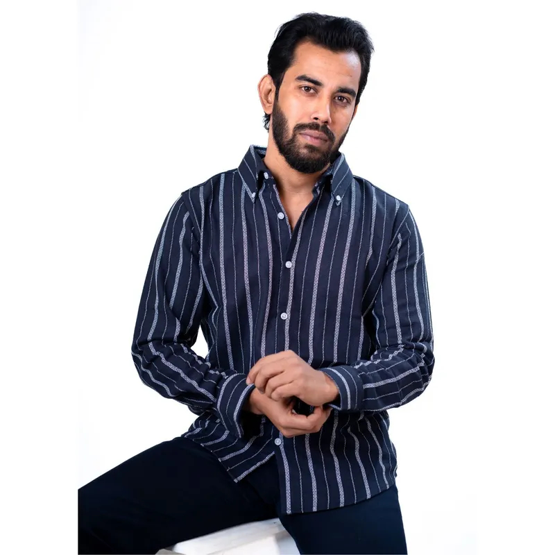 Men’s Navy Blue Striped Button-Down Shirt – Modern Casual Fashion