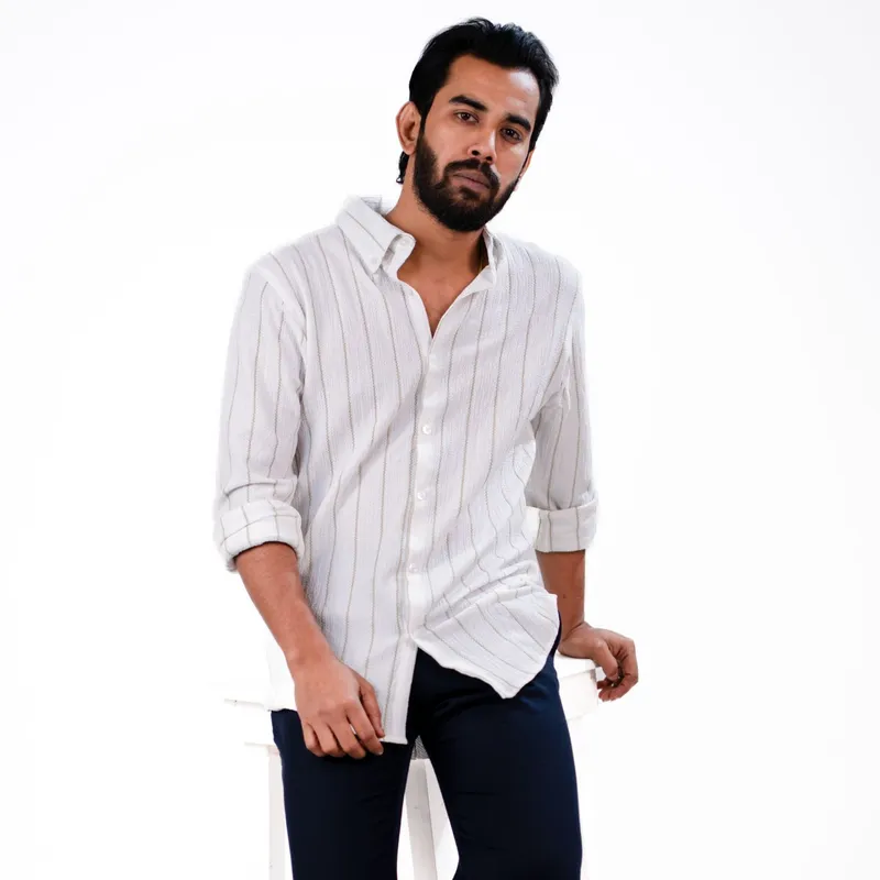 White Biscuit Textured Stripe Shirt for Men – Premium Jafran Fabric